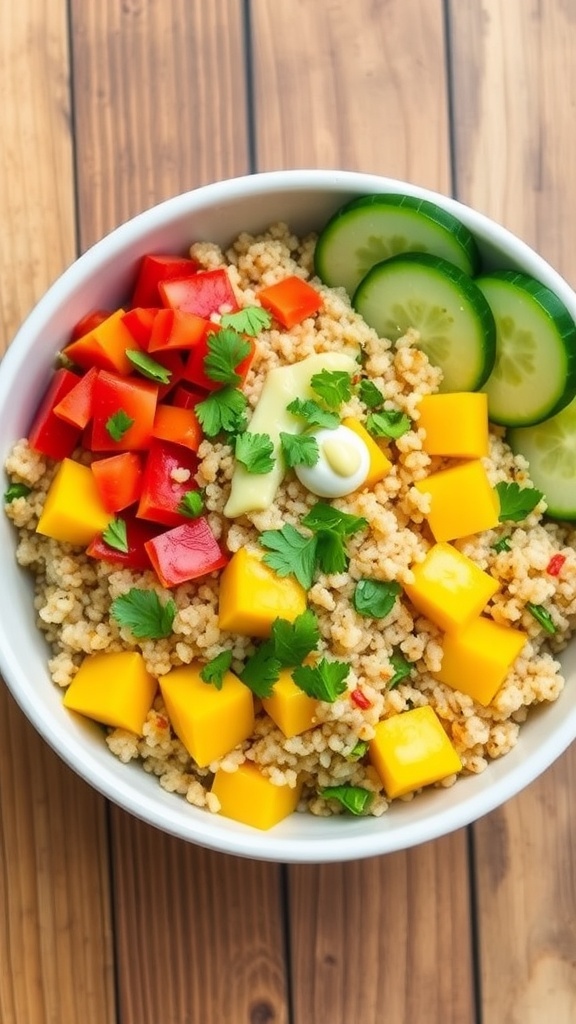 Tropical Quinoa Bowl with Mango A vibrant quinoa bowl with mango, bell peppers, cucumber, and cilantro on a rustic wooden table.